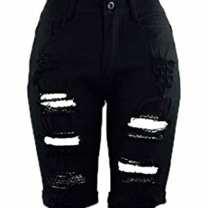Elonglin Women's Ripped Denim Shorts High Waist Knee Length Skinny Crimping Jeans Shorts Black UK 12(Asie L)