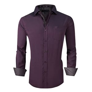 ENSO ELARDER Men's Dress Shirts Long Sleeve Stretch Wrinkle Free Formal Shirts Business Casual Button Down Shirts, Purple, Large