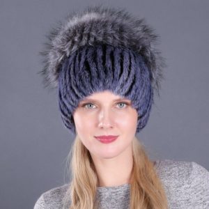 Female Knitted Skullie Beanie Skull Cap Natural Silver Fox Fur New Winter Hat