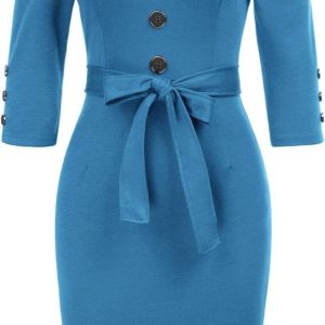 GRACE KARIN Women Retro 3/4 Sleeve Work Office Business Pencil Dress with Belt