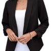 GRECERELLE Womens Blazer Suit Open Front Cardigan 3/4 Ruched Sleeve Casual Work Office Cropped Blazer Jacket for Ladies (01 Black, 14)