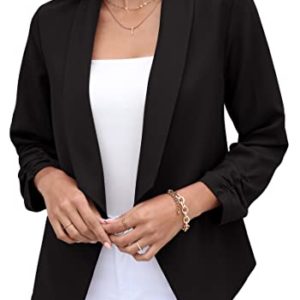 GRECERELLE Womens Blazer Suit Open Front Cardigan 3/4 Ruched Sleeve Casual Work Office Cropped Blazer Jacket for Ladies (01 Black, 14)