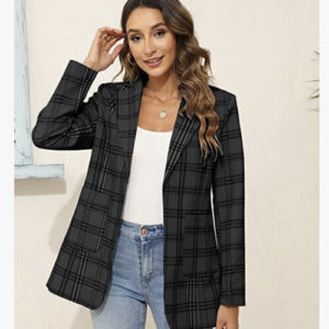 Grlasen Womens Casual Blazer Black/Gray Plaid Office Outerwear Suit Jacket L