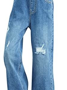 Happy Cherry Girls Wide Leg Jeans Elastic Waist Cotton Denim Pants Casual Baggy Trousers Mid Waisted Loose Fit Straight Jeans Bootcut Ripped Jeans 160