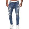 HUNGSON Men's Blue Slim Fit Jeans Stretch Destroyed Ripped Skinny Jeans Side Striped Denim Pants, Lightblue, 36