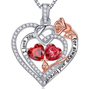 Iefil Rose Heart Birthstone Necklace Gifts for Women, 925 Sterling Silver Birthstone Jewelry Mothers Day Birthday Gifts for Women Anniversary Christmas Gifts for Her Mom Daughter Wife Girlfriend,
