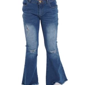 iiniim Kids Girls High Waist Distressed Flared Jeans Bell Bottom Denim Trousers Ripped Raw Hem Stretchy Jeans Trousers Blue 15-16 Years