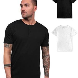 INTO THE AM Premium Henley Shirts for Men - Casual Short Sleeve Modern Fit T-Shirt, 2-pack Essential - Black/White, Large
