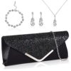 Jadive 4 Pcs Clutch Purses Bag for Women Evening Rhinestone Jewelry Set Bling Necklace Earrings Bracelet for Wedding (Black)