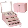 Jewelry Box 4-Layer Multifunctional Jewelry Box Organizer With Lock And Key 3 Drawers Portable Necklace Box With Makeup Mirror, Suitable For Girls To Store Earrings Ring Gift Box (Pink/M)