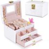 Jewelry Box for Girls Women, Jewelry Organizer Box 3 Layer with PU Leather, White Travel Jewelry Case with Mirror for Earring Ring Bracelet Necklace Watch Glasses Storage (Rose Lock & Butterfly Print)