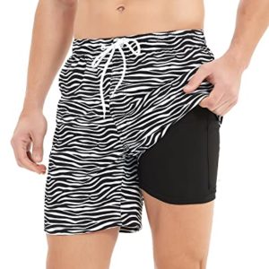 Jimlieay Men's Swimming Trunks with Compression Liner 2 in 1 Breathable Swimming Shorts Men Elastic Short Swimming Trunks Swimming Trunks Training Shorts, Zebra stripes., 34-36