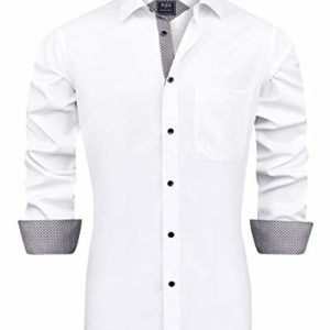 J.VER Men's White Dress Shirts Long Sleeve Business Regular Fit Fashion Button Down Stretch Formal Shirt Wedding Work Non Iron L