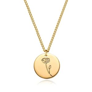 LADYGD Birth Flower Necklace 18K Gold Plated Dainty Birth Month Flower Disc Necklace Simple Cuban Link Chain Coin Disc Floral Pendant Necklaces Personalized Jewelry Birthday Gift for women, Metal