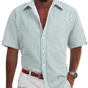 Linvich Mens Casual Striped Shirt Button Up Green Summer Short Sleeve Cotton Shirts Collared Fashion Rugular Fit Beach Shirt XL
