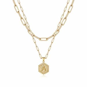 M MOOHAM Dainty Layered Initial Necklaces for Women 14K Gold Plated Paperclip Chain Necklace Simple Cute Hexagon Letter Pendant Initial Choker Necklace Gold Layered Necklaces for Women Metal not known