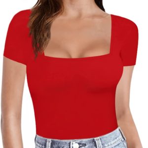 MANGOPOP Womens Short Sleeve/Long Sleeve Square Neck T Shirts Tops Tees