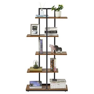 Meerveil Bookshelf, 5-Tier Floor Standing Bookcase, Asymmetrical Staggered Display Shelf, Plant Shelf, Industrial Style, for Living Room, Bedroom, Home Office, 74 x 28 x 144.5 cm, Rustic Brown