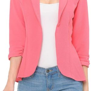 MINEFREE Women's 3/4 Ruched Sleeve Lightweight Work Office Blazer Jacket (S-3XL)