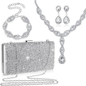 Mixweer 4 Pieces Clutch Purses Bag for Women Evening Rhinestone Jewelry Set Bling Necklace Earrings Bracelets Set for Wedding, Rhinestone, Rhinestone