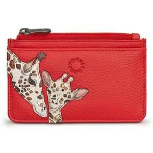 Mother's Pride Leather Card Holder Purse for Women, Giraffe Design, Red Leather, RFID Protection by Yoshi