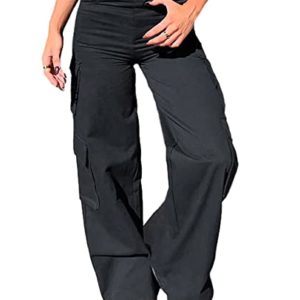 Nuofengkudu Womens Black Wide Leg Cargo Pants Y2K Stretch Multi Pockets Utility Bootcut Elasticated High Waisted Flared Bootleg Loose Fit Pull on Work Pants Gothic Bottoms Streetwear Casual M