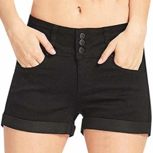 Petalum Women's Denim Shorts Mid Rise Jean Shorts Skinny Stretch Ripped High Waist Hotpants Black