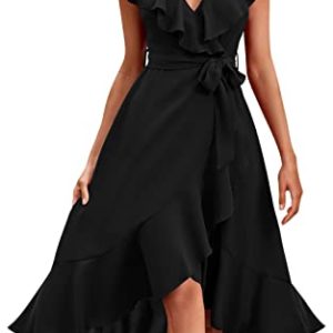 PRETTYGARDEN Women's 2023 Summer Wrap Maxi Dress Casual Boho Deep V Neck Short Sleeve Ruffle Hem Split Beach Long Dresses, Black, L