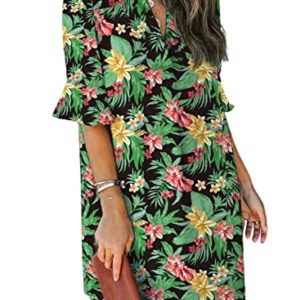 QACOHU Womens V Neck Ruffle Short Sleeve Simple Solid Color Casual Summer Dress, C-black Green, M