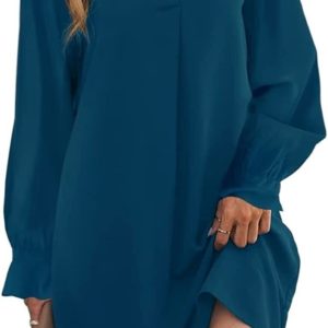 QACOHU Womens V Neck Ruffle Short Sleeve Simple Solid Color Casual Summer Dress