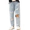 Rolanko Girls Ripped Baggy Jeans, Elastic Waist Straight Leg Vintage Distressed Denim Pants for Kids, Blue Hole, Size:140