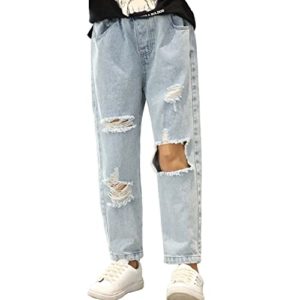Rolanko Girls Ripped Baggy Jeans, Elastic Waist Straight Leg Vintage Distressed Denim Pants for Kids, Blue Hole, Size:140