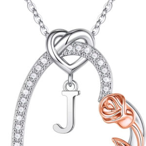 S925 Sterling Silver Rose Heart Necklaces Gifts for Women, CZ Heart Initial Lett