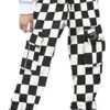 SANGTREE Women's Cargo Pants Elastic Waist Drawstring Tapered Jogger Pants with Pockets for Women，Black White Checked,XXL, White