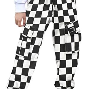 SANGTREE Women's Cargo Pants Elastic Waist Drawstring Tapered Jogger Pants with Pockets for Women，Black White Checked,XXL, White