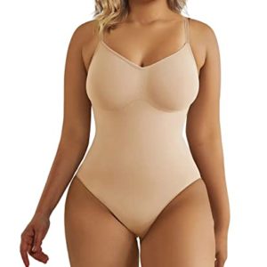 SHAPERX Bodysuit for Women Seamless Body Shaper Tummy Control Shapewear Thong Adjustable Strap, UK-SZ5215-Beige-S/M