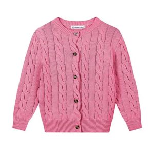 SMILING PINKER Little Girls Boys Aran Cardigan Toddler Cable Knitted Crew Neck Button Up Chunky Sweater Jacket(Pink,2-3Years)