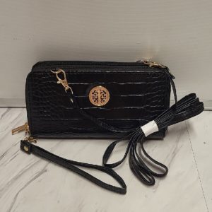 Womens Dual Zipper Wallet with Removable Wristlet And Shoulder Strap Black