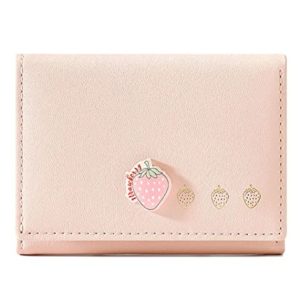 YaJaMa Women Wallet Small Slim Cute Strawberry Trifold Girls Credit Card Case Holder with ID Window, Pink, Cute