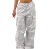 Yuson Girl Womens Cargo Trousers Y2K Baggy Parachute Pants Low Waist Wide Leg Loose Hip Hop Elastic Waist Trousers Casual Track Pants with Multiple Pockets and Drawstring White