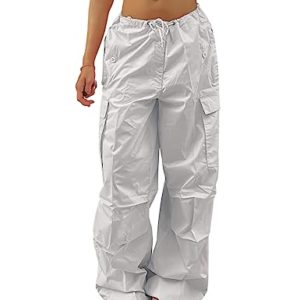 Yuson Girl Womens Cargo Trousers Y2K Baggy Parachute Pants Low Waist Wide Leg Loose Hip Hop Elastic Waist Trousers Casual Track Pants with Multiple Pockets and Drawstring White
