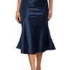 Alcea Rosea Womens Satin Midi Skirt Silky High Waist Skirt Work Party Pencil Bias Cutting Skirt (Navy Blue, XL)