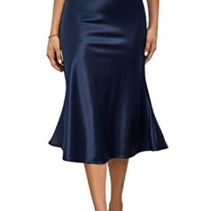 Alcea Rosea Womens Satin Midi Skirt Silky High Waist Skirt Work Party Pencil Bias Cutting Skirt (Navy Blue, XL)