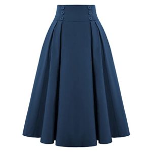 Belle Poque Women's Stretch High Waist A-Line Flared Midi Skirts with Pockets Navy Blue#2150 S