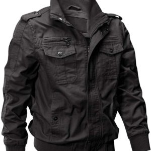 EKLENTSON Men's Cotton Lightweight Multi Pockets Zip Front Stand Collar Military