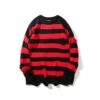 HANGJIA Black Red Striped Sweaters Men Oversized Ripped Hole Knit Pullover Autumn Winter Fashion Long Sleeve Clothing - Red - Large