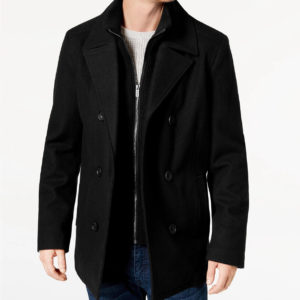 Kenneth Cole Men's Double Breasted Wool Blend Peacoat Coat with Bib XL Black