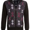 shelikes Mens Cardigan Diamond Pattern Check Fur Line Zip Up Long Sleeve Knitwear Pocket Grandad Jumper Sweater (Black L)
