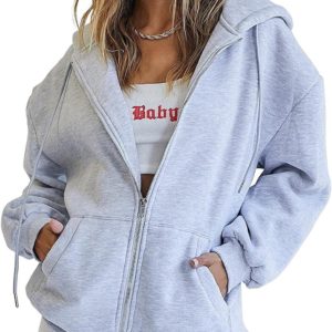 Trendy Queen Womens Zip Up Y2K Hoodies Long Sleeve Fall Oversized Casual Sweatsh
