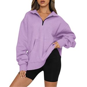 Womens Oversized Half Zip Pullover Long Sleeve Sweatshirt Quarter Zip Hoodie Sweater Teen Girls Fall Blouse Clothes Long Sleeve Sweatshirt with Pocket